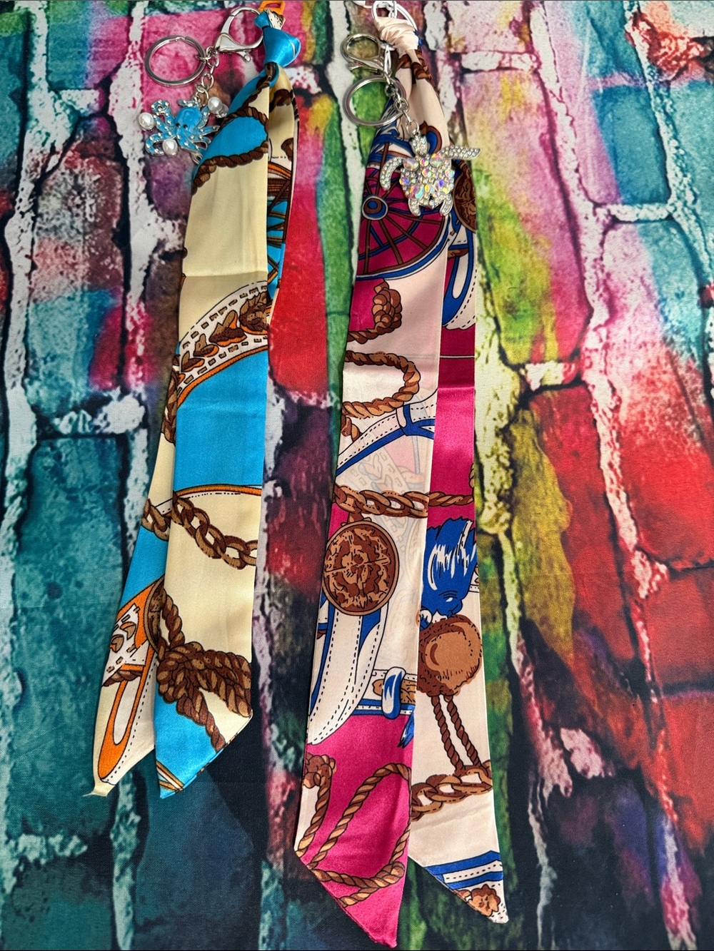 Silk-Inspired Blue & Pink Scarf Keychain Set - Decorative Rope Print